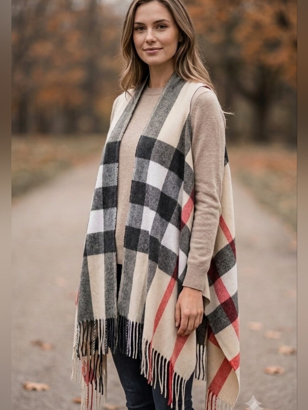 Sky Cashmere Scarf/Sleeveless Cardigan Nova Check 100% Virgin Wool 68×27"